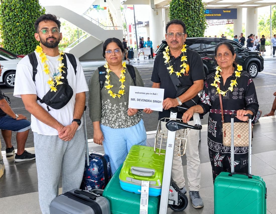 A family travelling with Trripah, welcomed at Bali airport with flower garlands