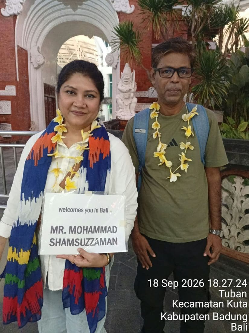A family travelling with Trripah, welcomed at Bali airport with flower garlands