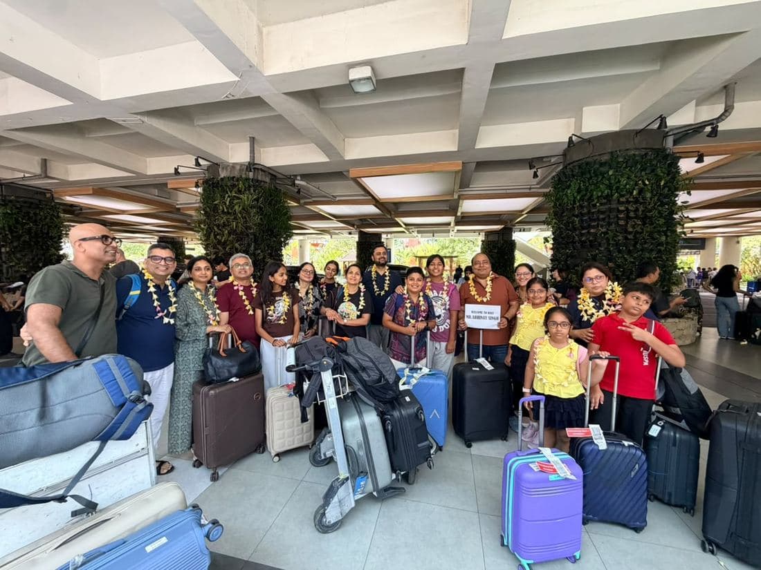 A group travelling with Trripah, welcomed at Bali airport with flower garlands